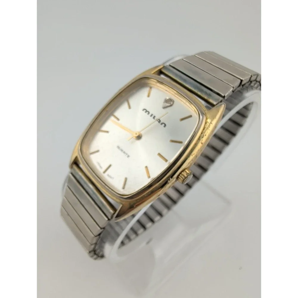 Milan Men's Watch 30mm Gold Case Silver Stretch Band- New Battery